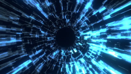 The travel through a blue wormhole filled with star. Warp in science black hole vortex hyperspace tunnel.