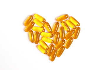 Omega-3 capsules on a white background. Fish oil, healthy supplements