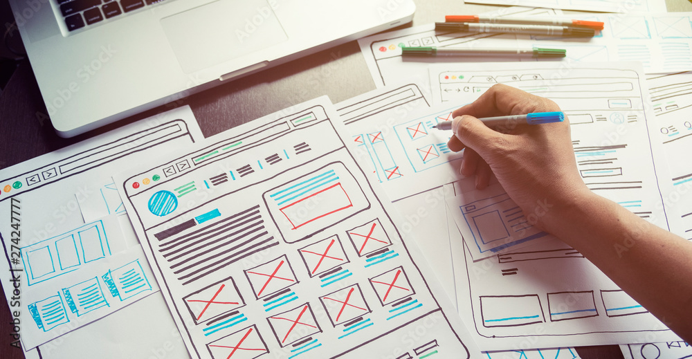 Poster Website designer Creative planning application developer development draft sketch drawing template layout prototype framework wireframe design studio . User experience concept .