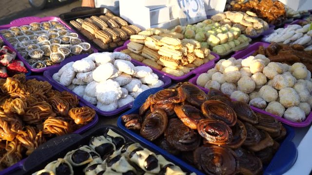 Traditional Moroccan desserts in Jemaa el Fna market square