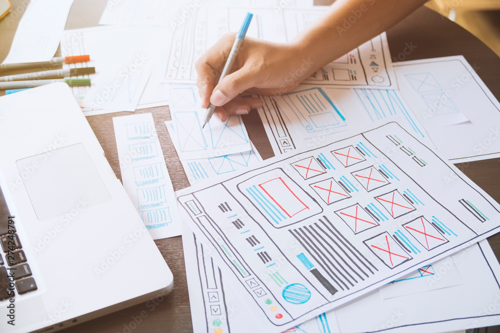 Aufkleber website designer creative planning application developer development draft sketch drawing template l