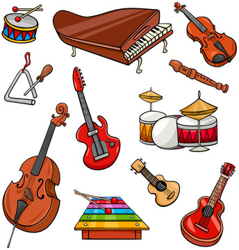 musical instruments cartoon illustration set
