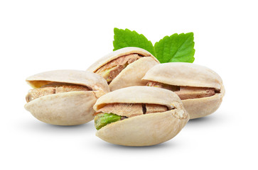 Pistachio nuts with leaf  Isolated on a white background. full depth of field