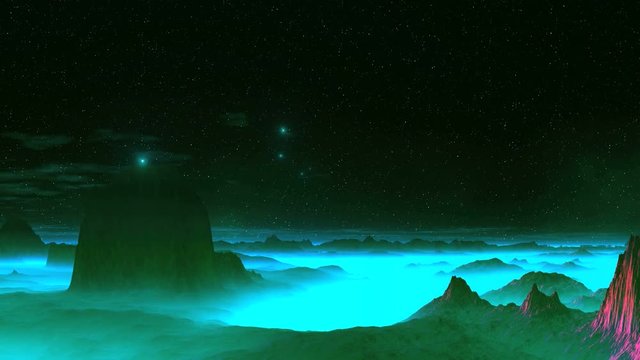 UFO Dance Over Alien Planet. Dark cliffs and hills stand among thick blue-green mist. Bright luminous objects (UFO) quickly fly through the dark starry sky. Their flight is like a dance.