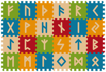Foam Baby Kids Play Mat Runes Alphabet Puzzledesign Deck. Vector illustration