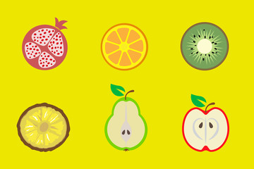pomegranate with grains, orange slice, pineapple, kiwi, pear, apple in section. Fruit on yellow background. Summer time