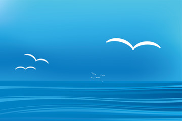Schematic seagull landscape in blue tones with marine background.