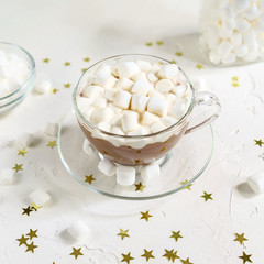 Close up of Cup of hot delicious cocoa drink with marshmallows.