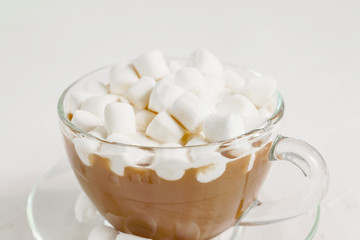 Close up of Cup of hot delicious cocoa drink with marshmallows, copy space