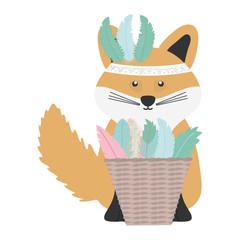 cute fox with feathers hat and straw basket bohemian style
