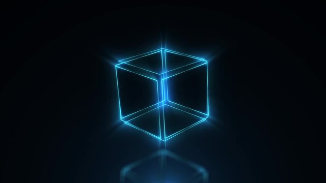 Blue neon cube rotating in space