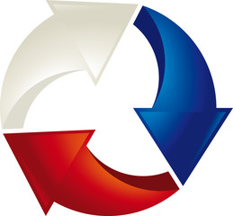 Loop 3D symbol. Three concentric arrows in blue, white and red.