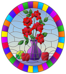 Illustration in stained glass style with bouquets of roses flowers in a purple vase and apples on table on blue background, oval image in bright frame