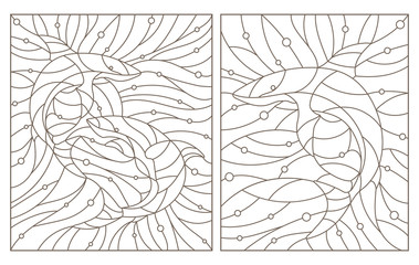 Set of contour illustrations of stained glass Windows with sharks , dark contours on a white background