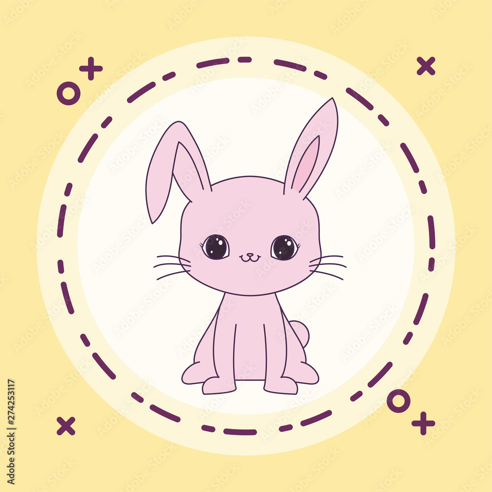 Poster cute rabbit animal with frame circular