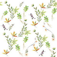 Fototapeta na wymiar Watercolor painting of leaf and flowers, seamless pattern on white background