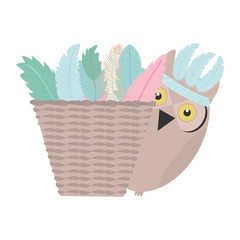 owl bird with feathers hat and basket straw bohemian style