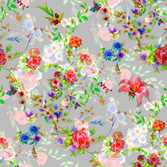Watercolor painting of leaf and flowers, seamless pattern on gray background