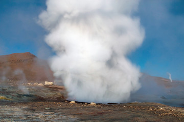 The Sol de la Manana, Rising Sun steaming geyser field high up in a massive crater in Bolivian Altiplano, Bolivia