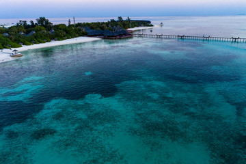 Aerial view,  island Olhuveli with Waterbungalows, South Male Atoll, Maldives