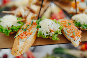Gourmet appetizers. Appetizers table with italian antipasti snacks.