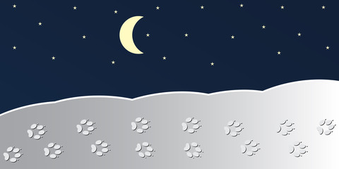 Obraz na płótnie Canvas Night. Concept idea of animal tracks on the snow, moon and stars. Vector illustration.