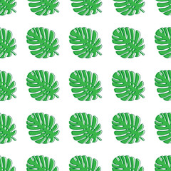 Monstera leaves green. Tropical theme seamless pattern, jungle, freshness, exotic. Trendy pattern for decoration or for background. Vector illustration.