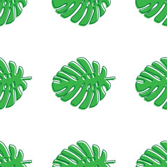 Monstera leaves green. Tropical theme seamless pattern, jungle, freshness, exotic. Trendy pattern for decoration or for background. Vector illustration.
