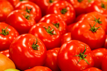 Bright red tomatoes on display at a farmers market stall