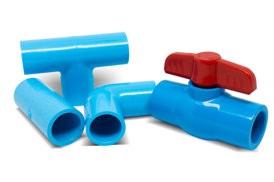 Group of fitting or connecting PVC Blue pipe.