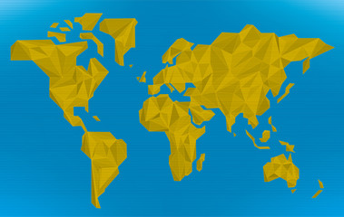 Crumpled paper world map in orange and blue.