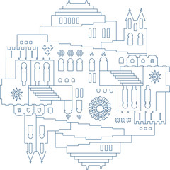 Fototapeta premium Symmetric oriental city illustration in line style.