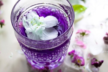 White flower in the lavender glass. Glass with lavender water.