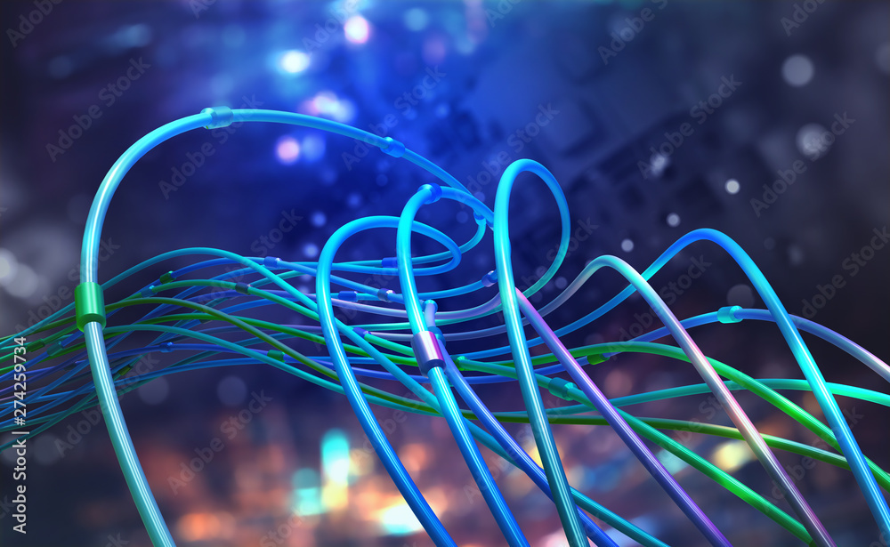 Poster Digital technologies of future. Transmission and storage of data in global cyberspace. Encrypted data stream over fiber optic cable. 3D illustration of abstract space architecture