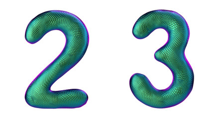 Number set 2, 3 made of realistic 3d render green color. Collection of natural snake skin texture style symbol