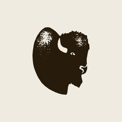 Bison Silhouette Icon. Vector Hand draw bison Symbol of America In Retro style with Grunge Texture