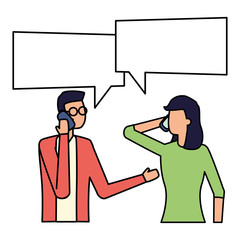 man and woman using smartphone talk bubble