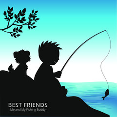 Best Friend background, silhouette of boy with his cute dog .Boy is fishing in river. Vector Illustration