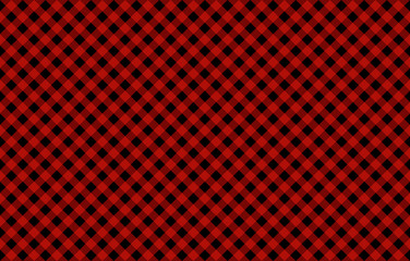 Diagonal Gingham-like pattern with dominant red and black lines. Seamless design of symmetrical overlapping stripes in a single solid color against a contrasting black background