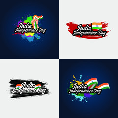 Collection India Independence Day with brush stroke and flag. Vector Illustration