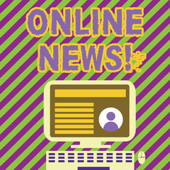 Obraz premium Handwriting text writing Online News. Conceptual photo newly received or noteworthy information about events website Desktop Computer Mounted on Stand with Online Profile Data on Monitor Screen