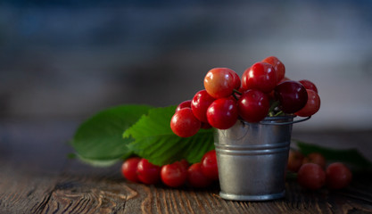Fresh red Cherries in small metal bucket on old wooden background rural style