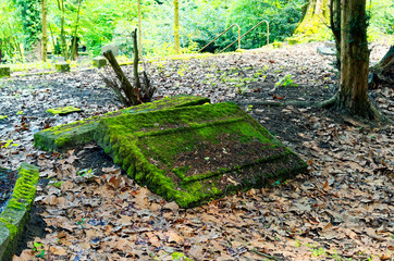 Kaputter Grabstein mit Beschädigungen auf einem Friedhof in grün