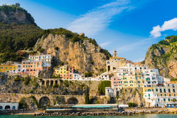 Architecture of Amalfi at sunny day. Italian seaside town on coastline of Tyrrhenian Sea. Summer in Italy