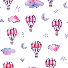 Seamless pattern of watercolor air balloons, clouds, moon and stars. Illustration isolated on white. Hand painted template perfect for children's wallpaper, fabric textile, vintage design, card making