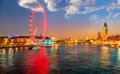 Urban skyline of London city with the famous landmarks by the river Thames, London Eye, Big Ben and the House of Parliament in England - obrazy, fototapety, plakaty