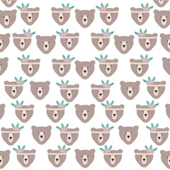 bears grizzly with feathers hat pattern background