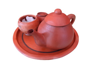 Set of old ceramic kitchen tools retro equipment of tea drinking isolated on white background. 