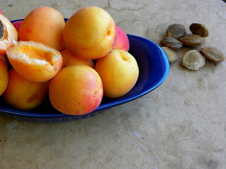 fresh apricots in a bowl on wooden table. apricot pits