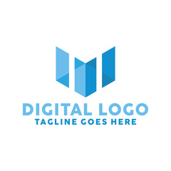 Digital Logo Design With Geometry Concept. Identity Logotype. Digital And Technology Emblem For Company. Tech Icon For Business. Creative And Modern Blue Color Graphic Idea.